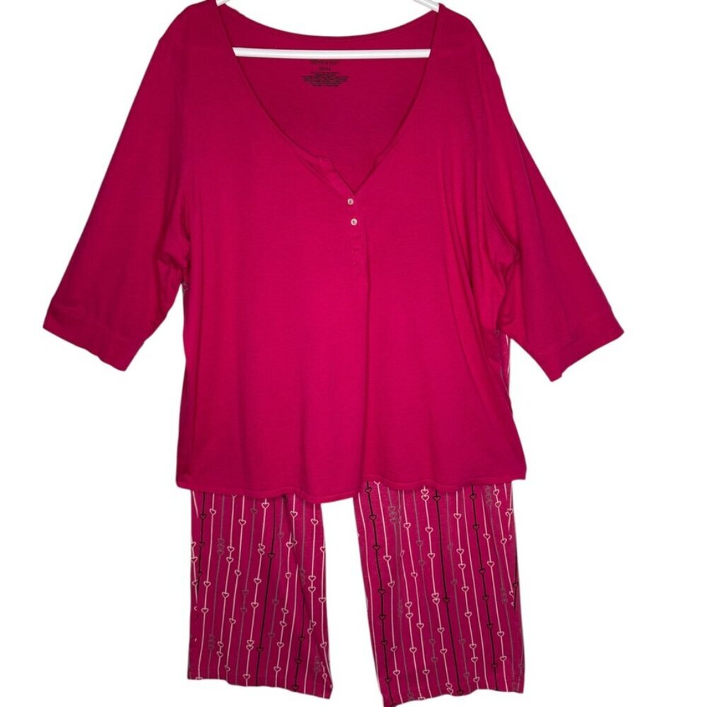 Cacique Pajama Set 3/4 Sleeve Top Matching Pants Sz 22/24 Striped Heart Pattern